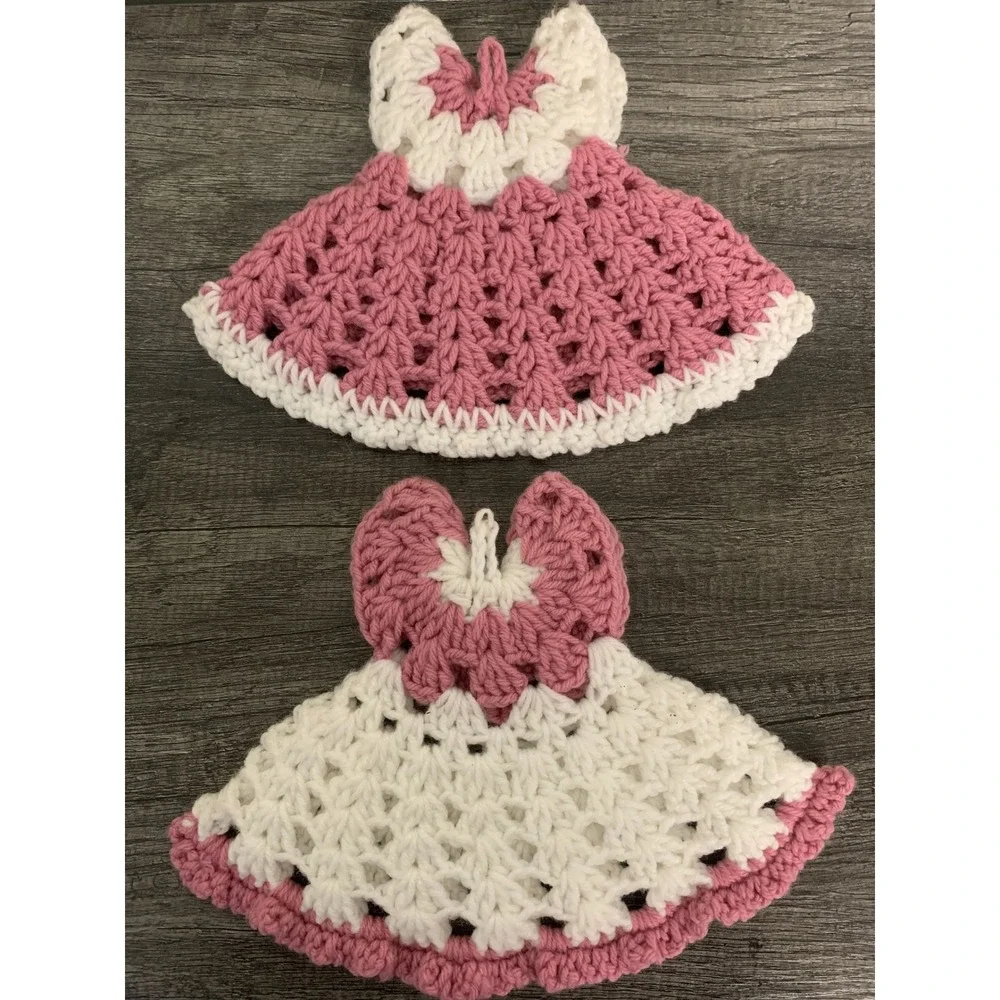 Vintage Crochet Dress Pot Holders Pink White Handmade Kitchen Decor Set of 2